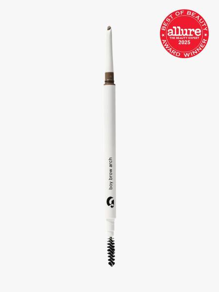 Glossier Boy Brow Arch in branded white twist up pencil applicator with brush tip on light gray background with red Allure Best of Beauty seal in the top right corner