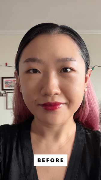 A selfie of Allure commerce editor Sarah Han before applying Glossier Boy Brow Arch