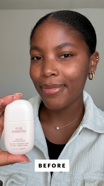 Malone before applying the Kylie Cosmetics Skin Tint Blurring Elixir